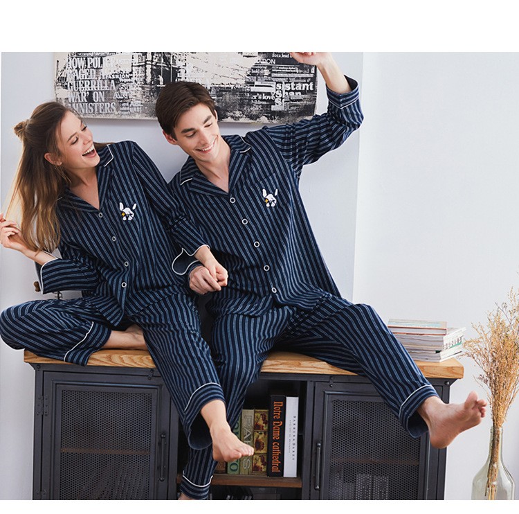 Autumn Season Striped Couple Pajamas Set 5
